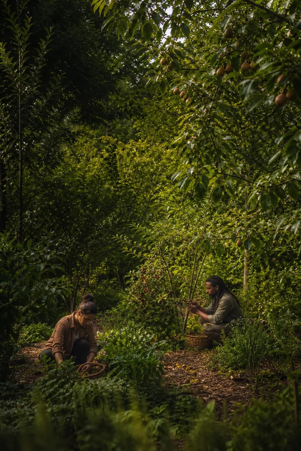 Photoreal concept of two people tending a dense forest garden