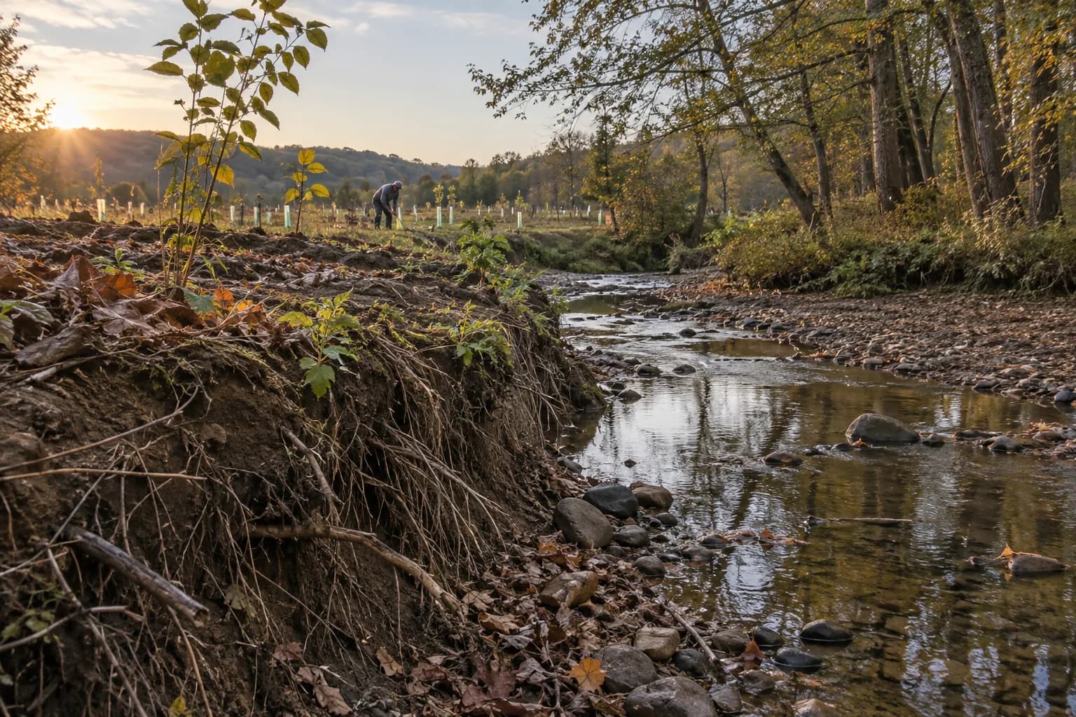 Photoreal concept of an eroded creek bank with exposed roots and bare soil washing into the water