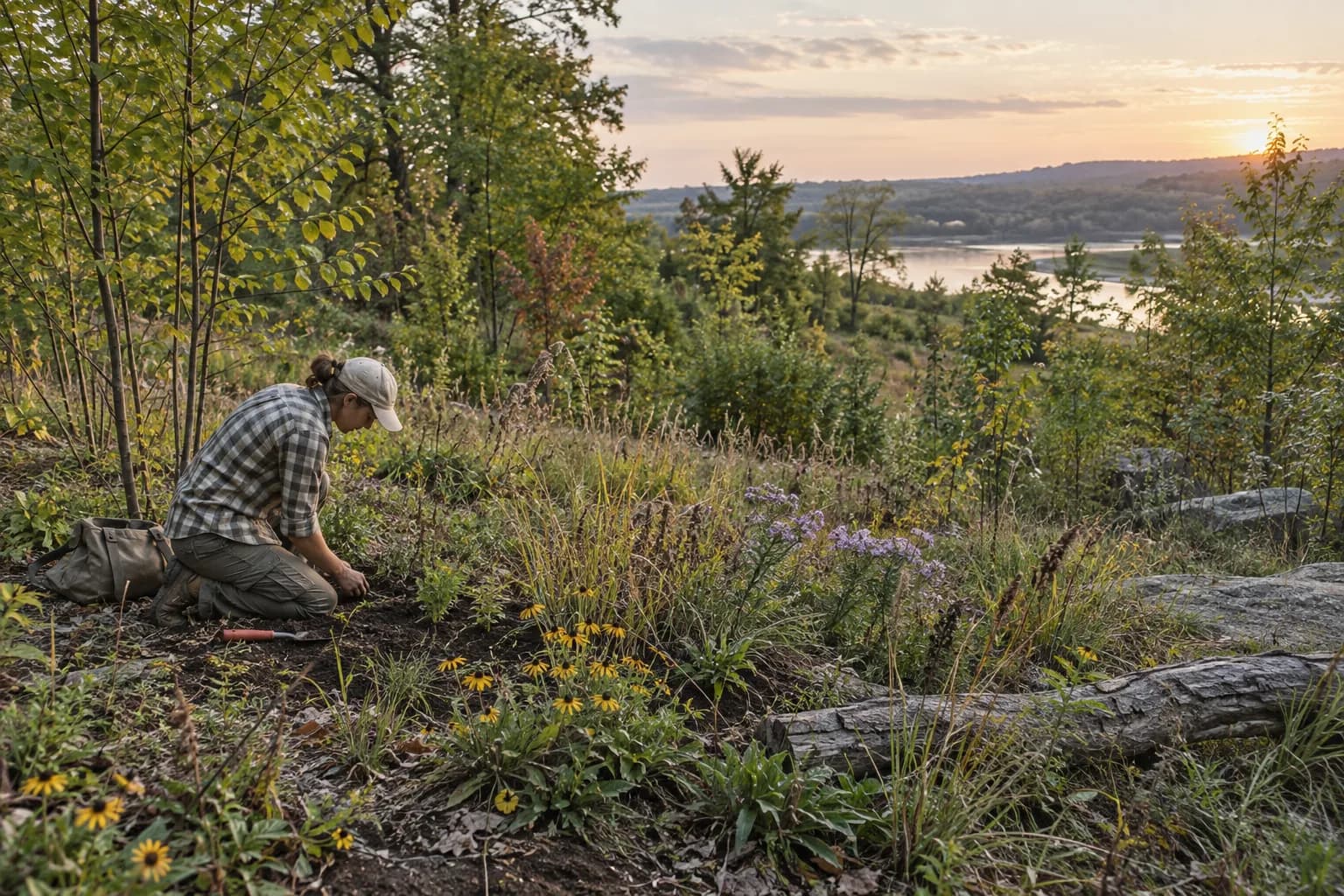Photoreal concept of someone kneeling to plant among young native plants on a slope above a bay