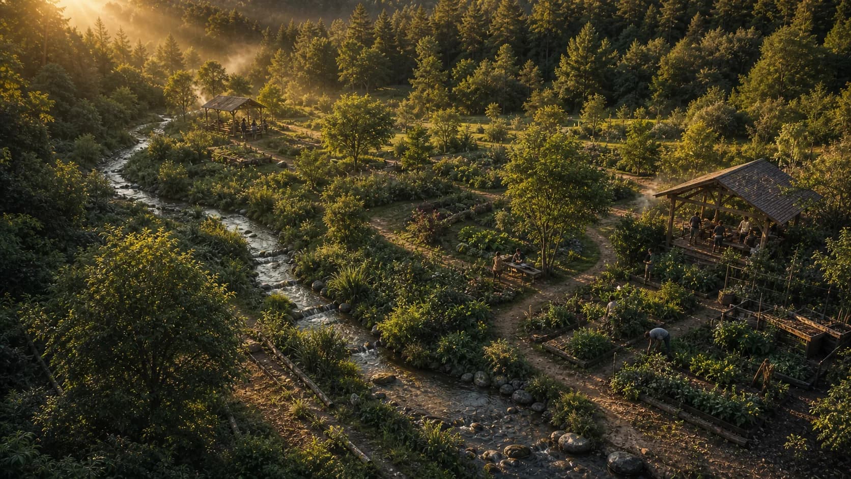 Photoreal concept of a layered food forest seen from above at golden hour, with a stream and winding paths