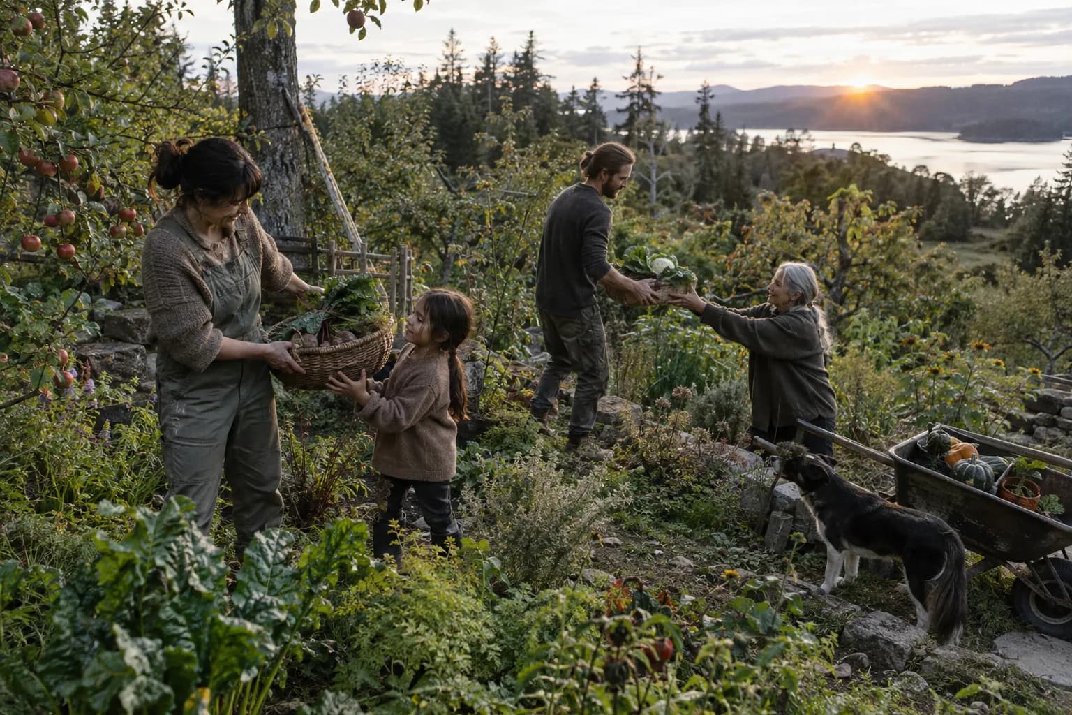 Photoreal concept of a family harvesting greens together in a mature garden at sunset