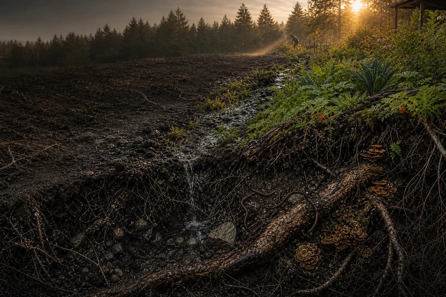 Photoreal concept of a field edge in cross-section: bare dirt on one side, planted ground with deep roots on the other
