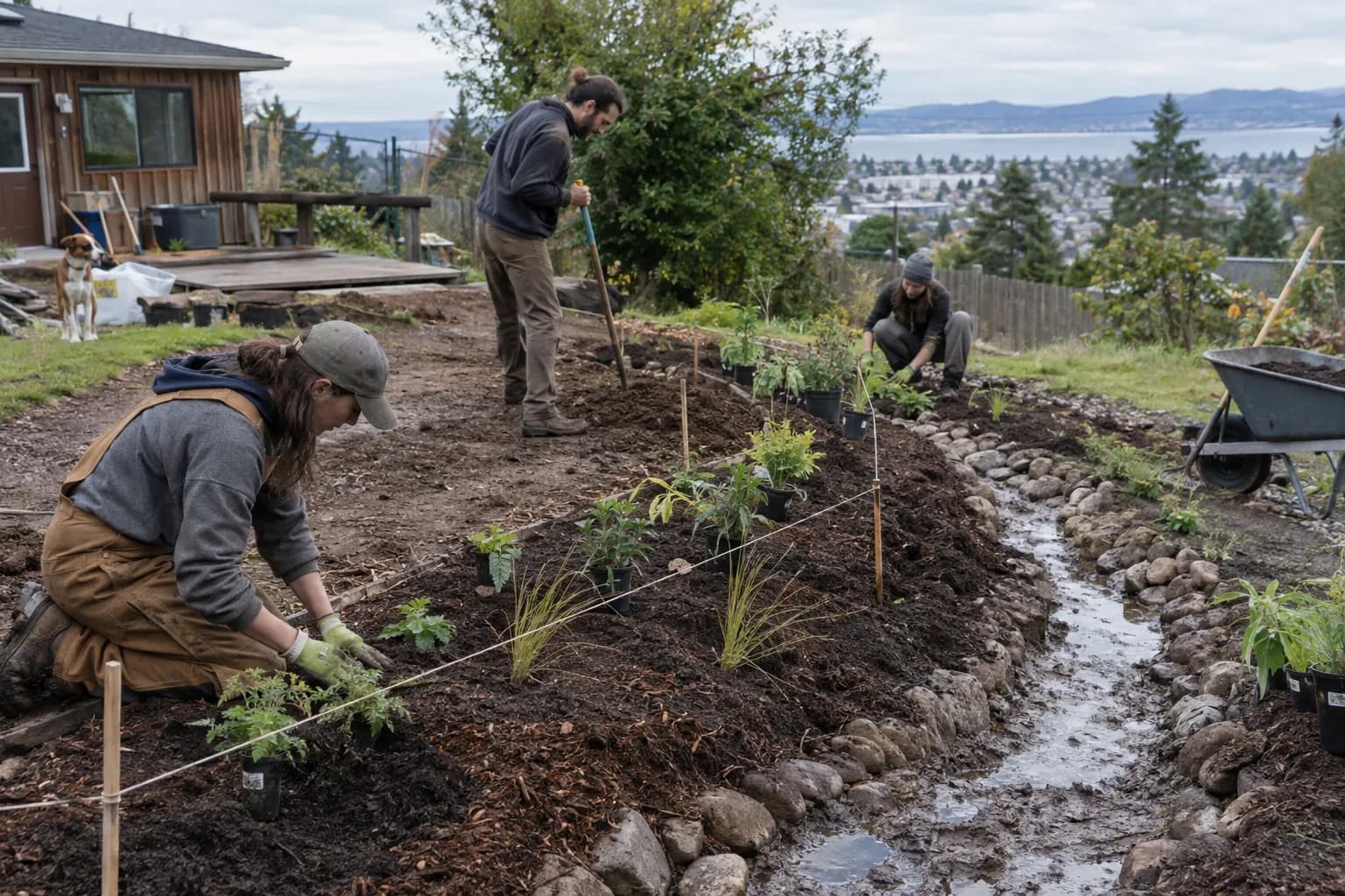 Photoreal concept of people planting along a freshly dug, rock-lined swale beside a house