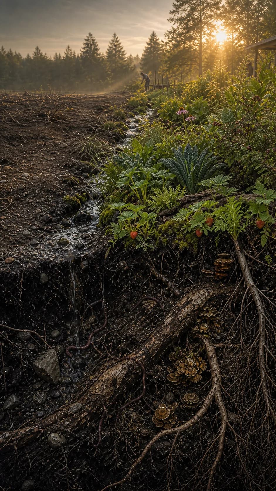 Photoreal concept of a soil cutaway with roots, stones and fungi beneath planted ground