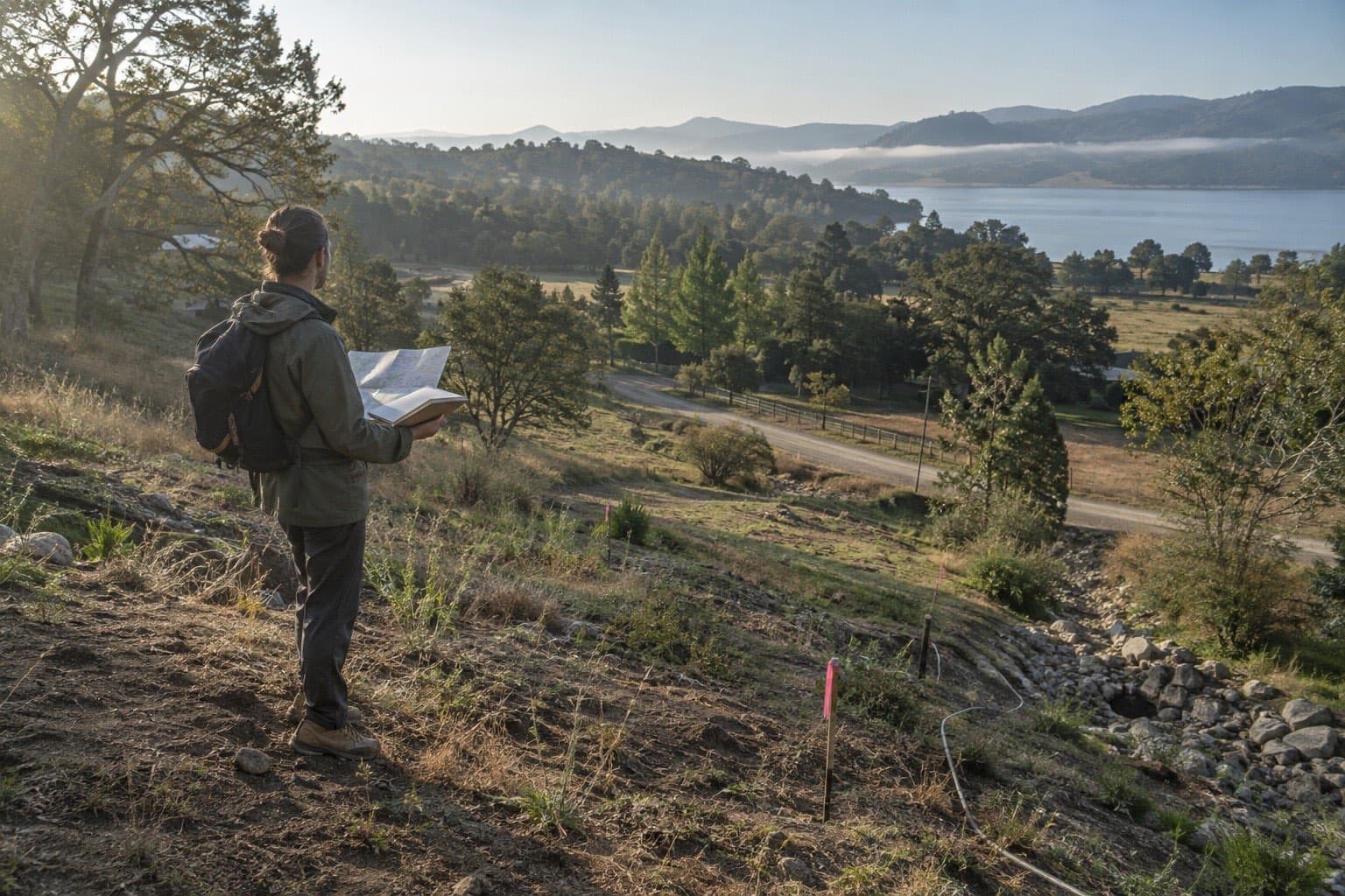 An ecological designer reading slope, water, access, and vegetation in the field