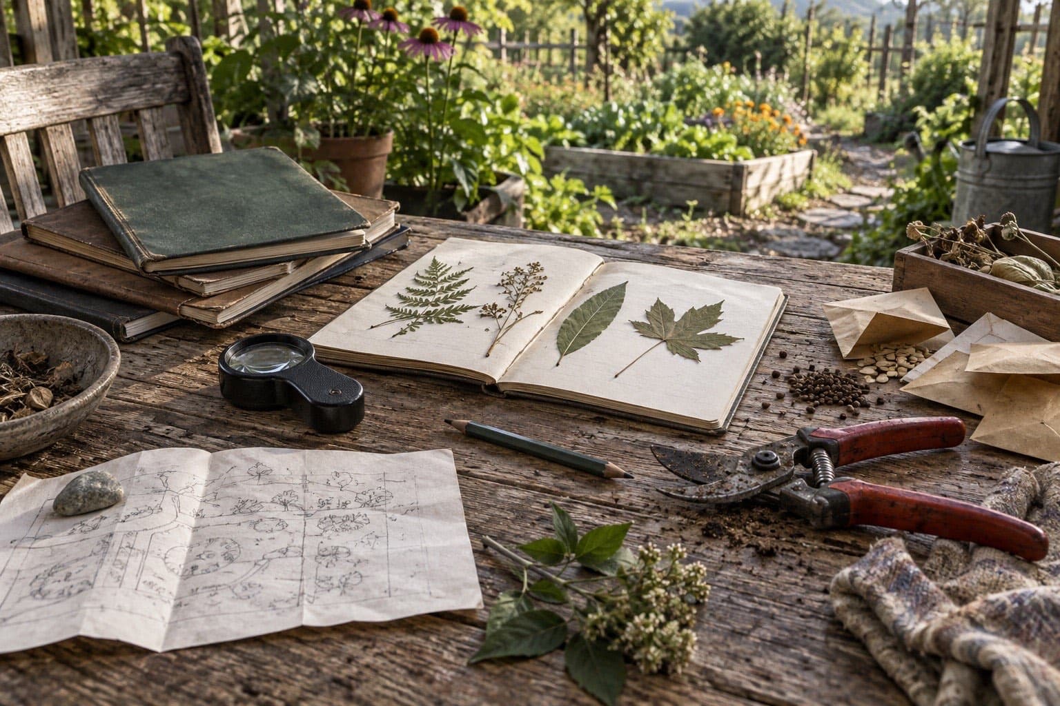 Field notebooks, plant samples, hand tools, and a site sketch on a weathered table