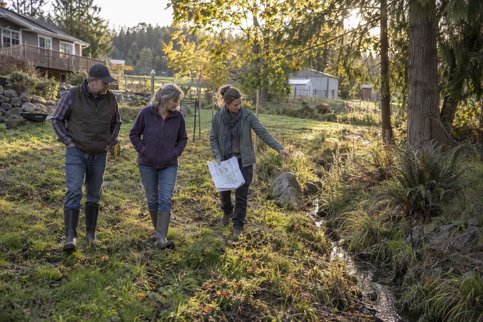 Landowners walking a site with an ecological designer beside a drainage channel